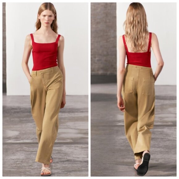 Women's Zara Asymmetrical Waist Crossover Chino Trousers Tan Size S - Picture 7 of 7